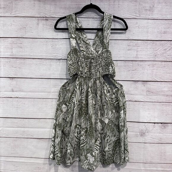 Anthropologie Square Neck Smocked Cut Out Mini Dress Animal Print Green Large - Picture 2 of 9